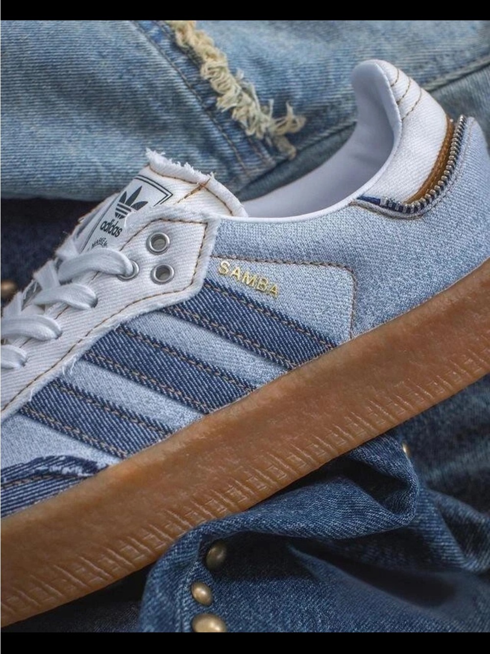 atmos x adidas Women’s Sambae Denim Platform Sneaker - Light Blue & Gum Sz 7.5 - Picture 15 of 16